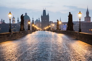 Un pont pavé, bordé de lampadaires et de statues de chaque côté, mène à un bâtiment historique surmonté d’une tour horloge.