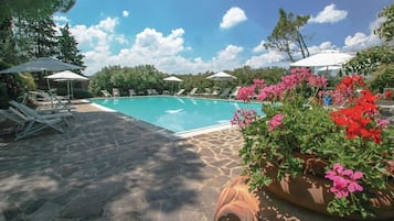 Outdoor pool, open 7 AM to 11 AM, pool umbrellas, pool loungers