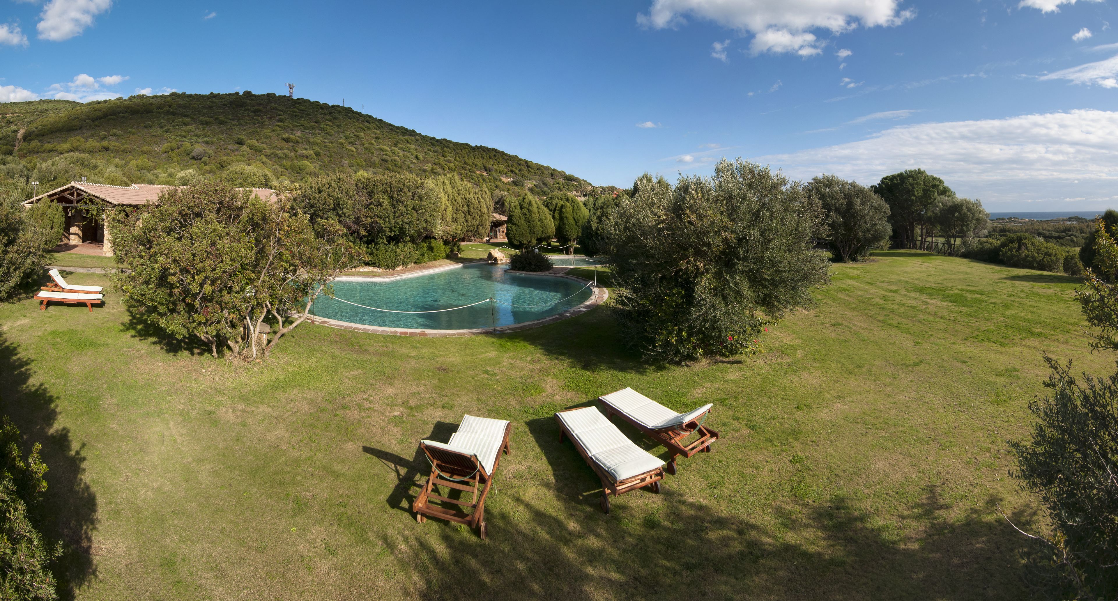 Ein privater Pool, umgeben von einer Rasenfläche mit Liegestühlen.