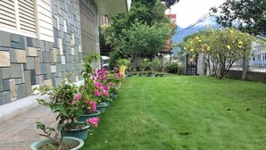 A well-maintained lawn with a row of potted plants along the edge of a building. - Yuan Zhong Yuan B&B (Luye)
