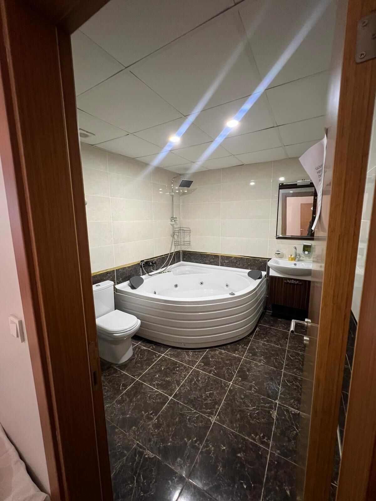 Een badkamer met een groot bad, een toilet, een douche en een wastafel.