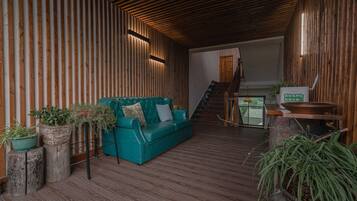 Un interior acogedor con techo de listones de madera, un sofá color turquesa con cojines y plantas en macetas.