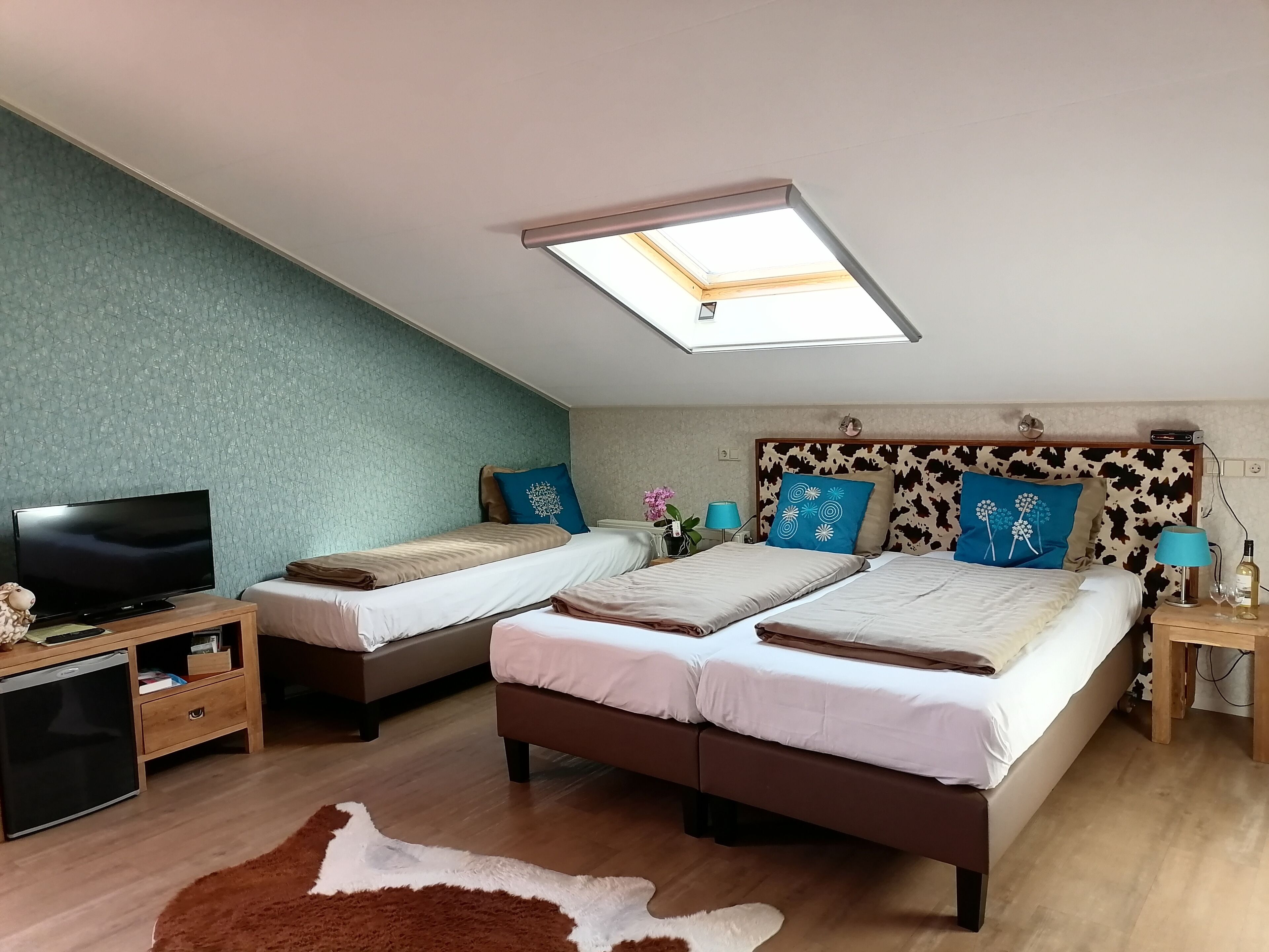 A bedroom with two beds, a TV, a small fridge, and a ceiling light.