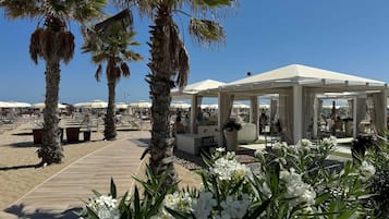 Private beach nearby, white sand, sun loungers, beach umbrellas