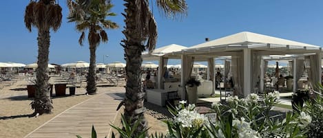 Private beach nearby, white sand, sun loungers, beach umbrellas