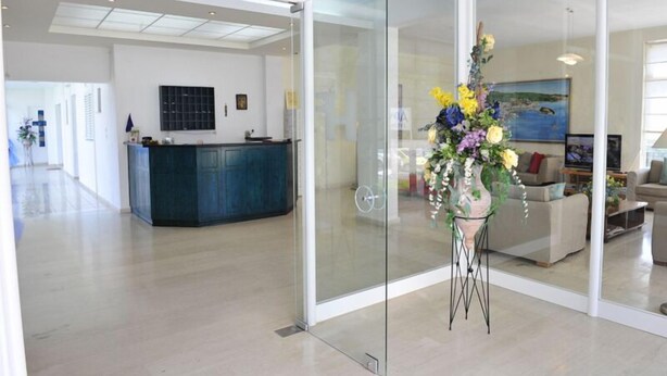 A modern reception area with a glass partition, a reception desk, and a living area with a sofa and a painting. - Ifigenia Hotel (Skiathos)
