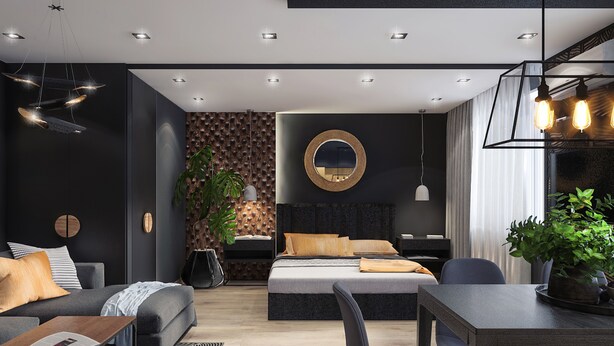 Une chambre à coucher moderne avec un lit, des tables de chevet, un bureau et une chaise.