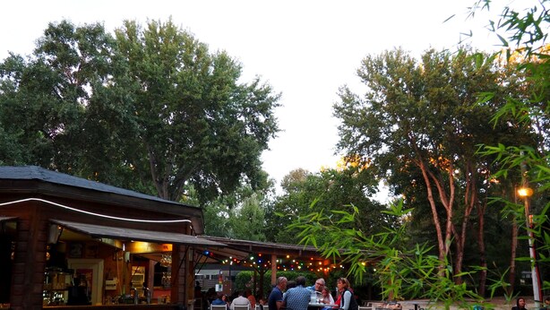 An outdoor dining area with wooden tables and chairs, surrounded by trees and a bar area with string lights. - Camping L'Art De Vivre (Chateauneuf-du-Pape)