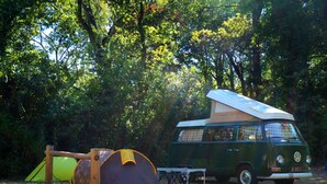A green Volkswagen camper van with a roof tent and a small yellow tent in a wooded area. - Camping L'Art De Vivre (Chateauneuf-du-Pape)