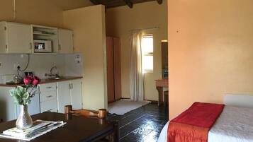 A compact room with a kitchenette, a bed with a red blanket, and a shower area.