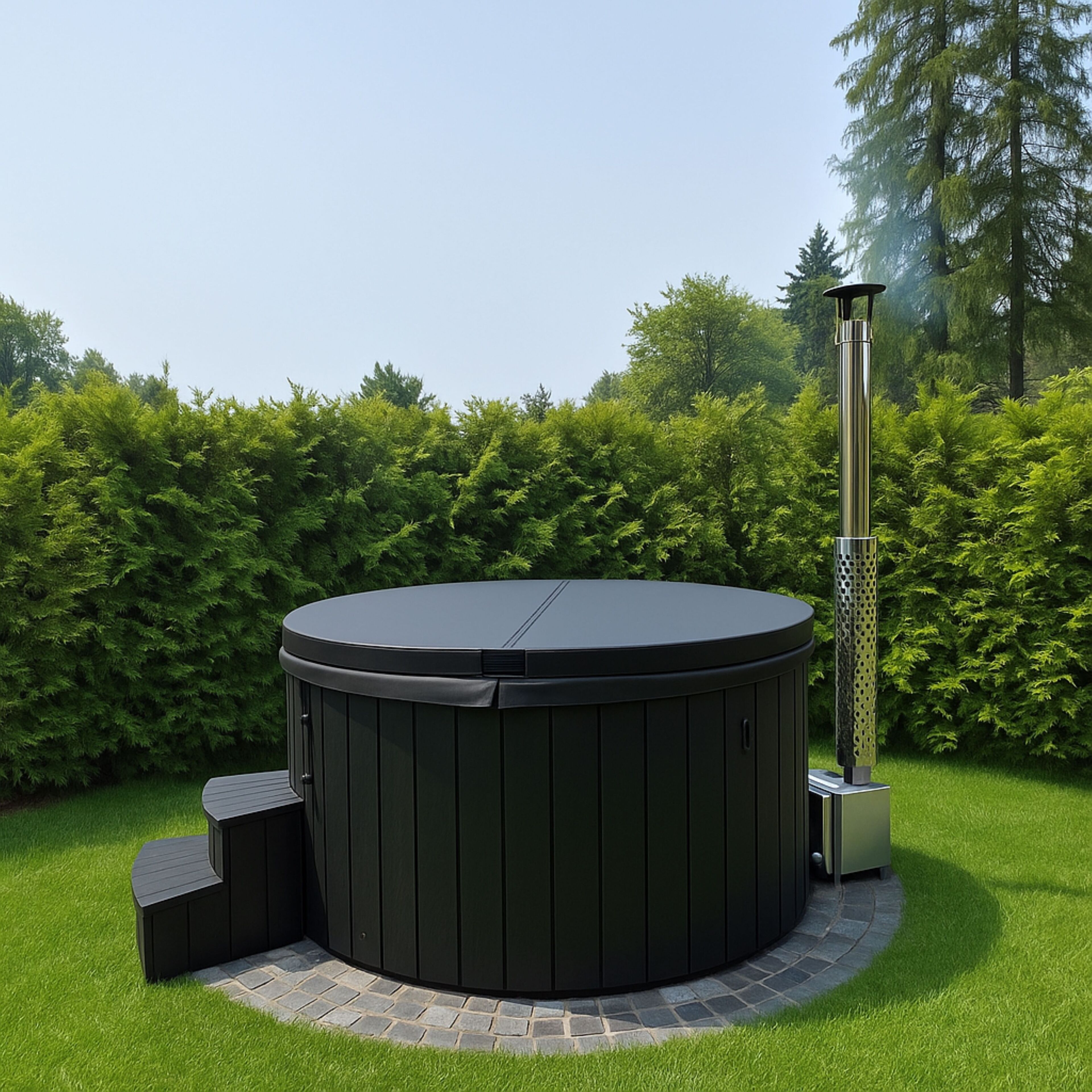 Een rond bubbelbad met een metalen schoorsteen, omringd door een terras van natuursteen, gelegen in een weelderige groene tuin.