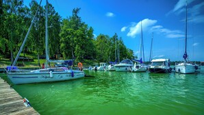 Un puerto deportivo con varios veleros amarrados, rodeado de frondosos árboles verdes.