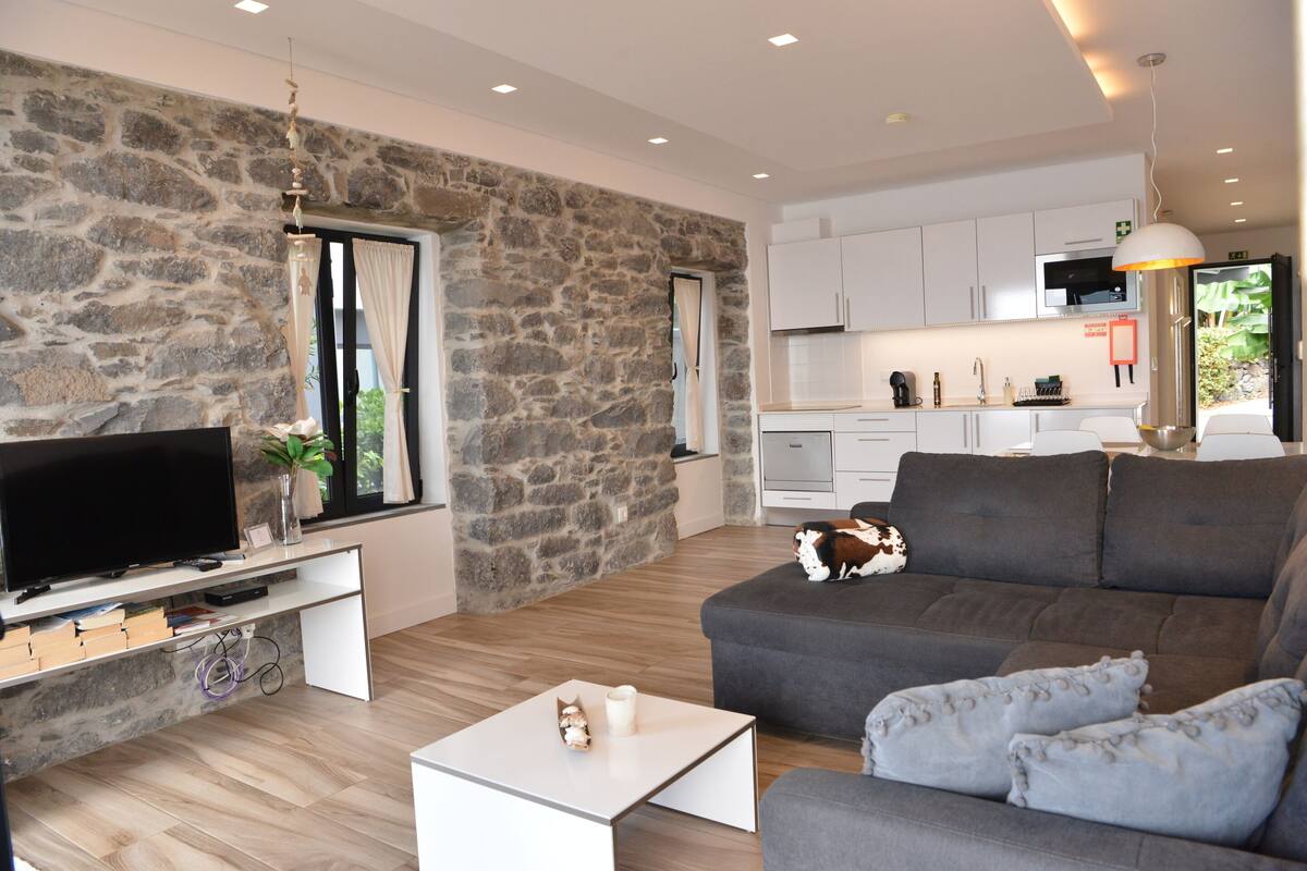 Una sala de estar moderna con una pared de piedra, un sofá gris, un televisor de pantalla plana y una mesa de centro blanca.