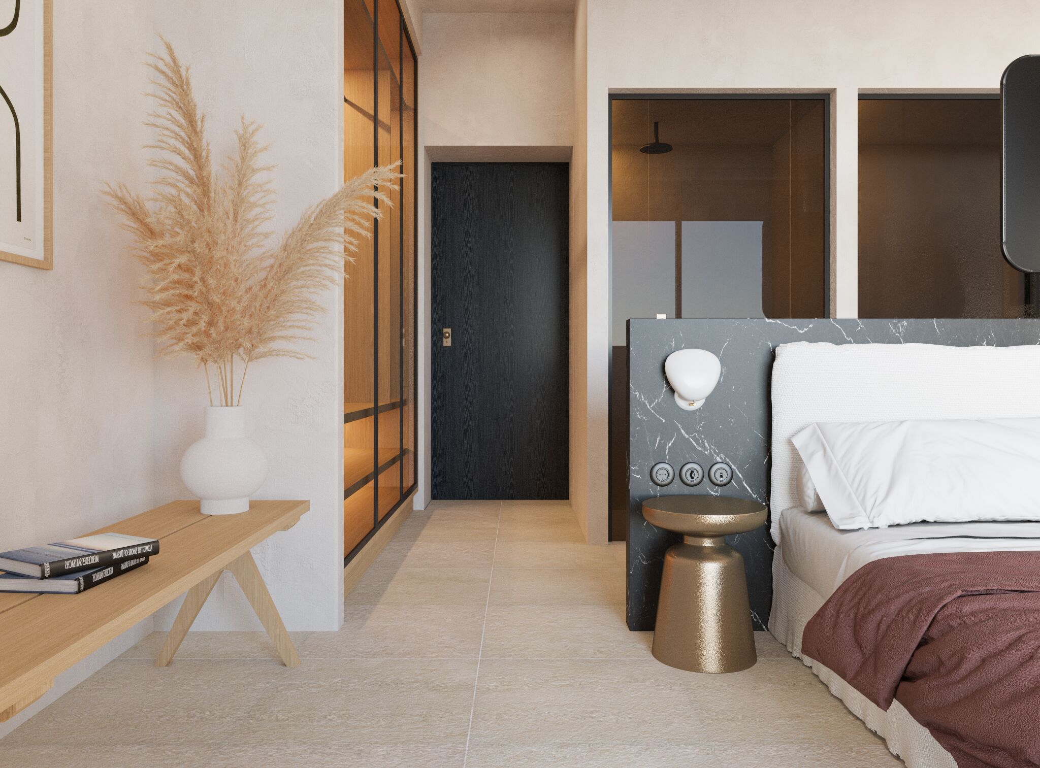 Un dormitorio moderno con cama, mesita de noche y una pequeña lámpara de noche.