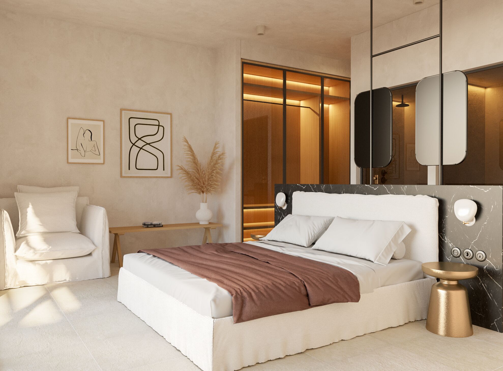 A modern bedroom with a bed, bedside table, and a mirror.