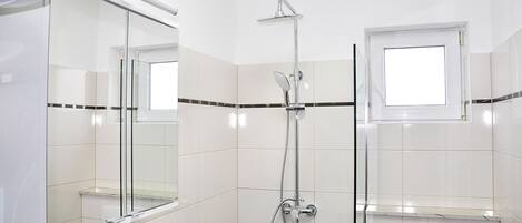 Shower, hair dryer, towels