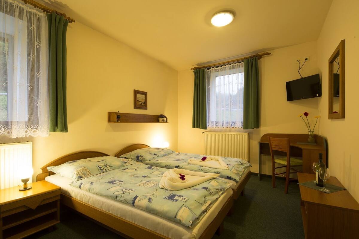 A hotel room with two beds, a desk, a chair, a TV, and a radiator.