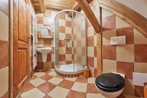 A bathroom with a checkered floor, a shower, a sink, and a toilet. - Chalupa Baba Jaga (Zacler)
