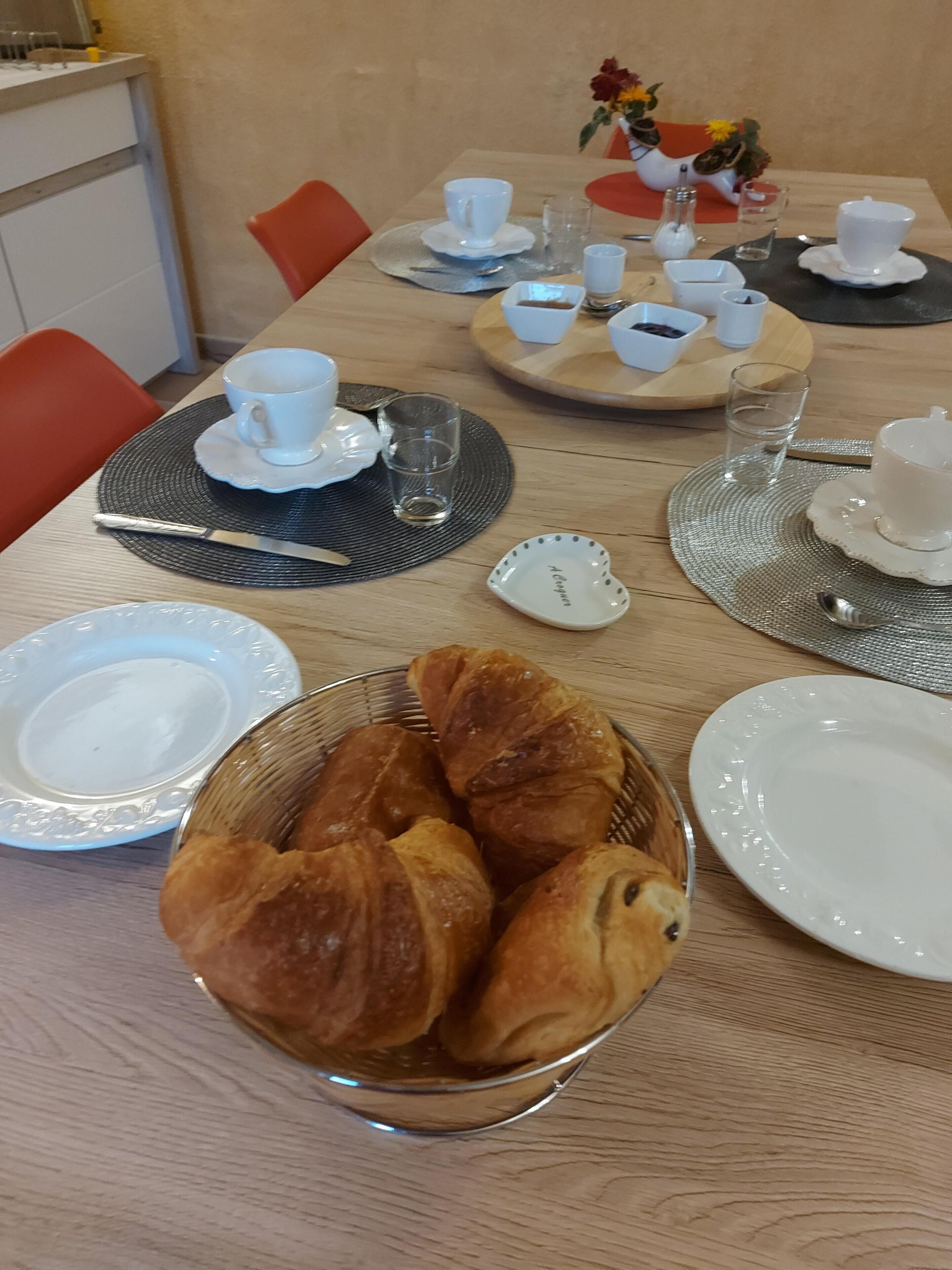 A dining table set with plates, bowls, cups, and a basket of croissants.
