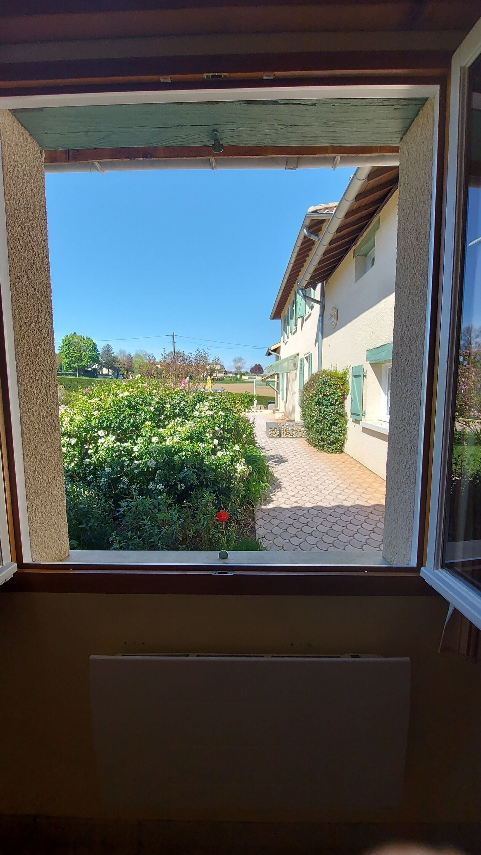 Une vue à travers la fenêtre d’une maison, avec un jardin, un chemin et un ciel bleu dégagé.