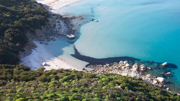 An aerial view of a coastal area with a beach, rocky shoreline, and dense greenery. - Porto Giunco (Villasimius)
