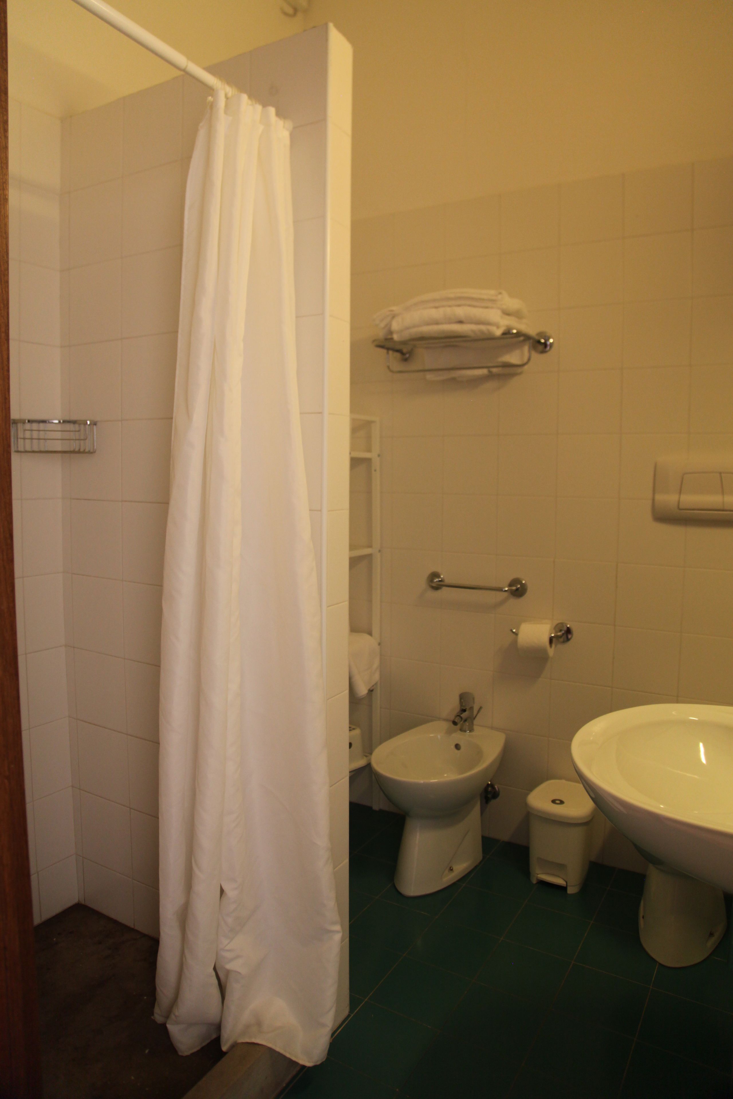 Een badkamer met douchegordijn, bidet, toiletpapierhouder en wastafel.