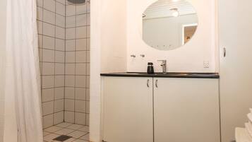 Un baño con ducha, lavabo con espejo e inodoro.