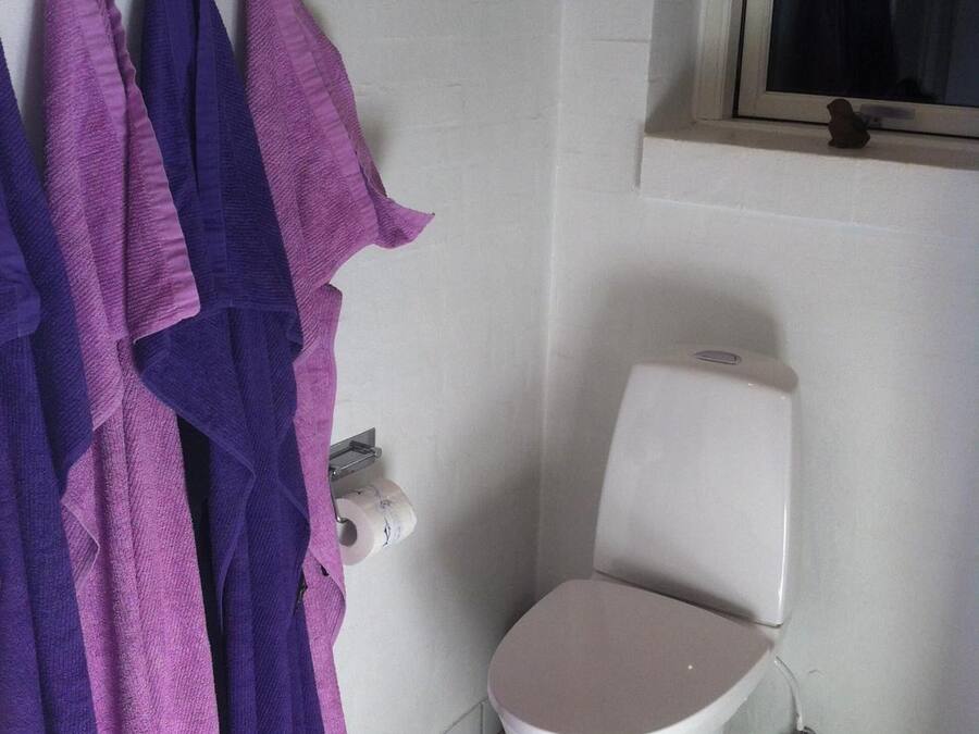 Un baño con un inodoro, una ventana encima y un perchero con toallas moradas.