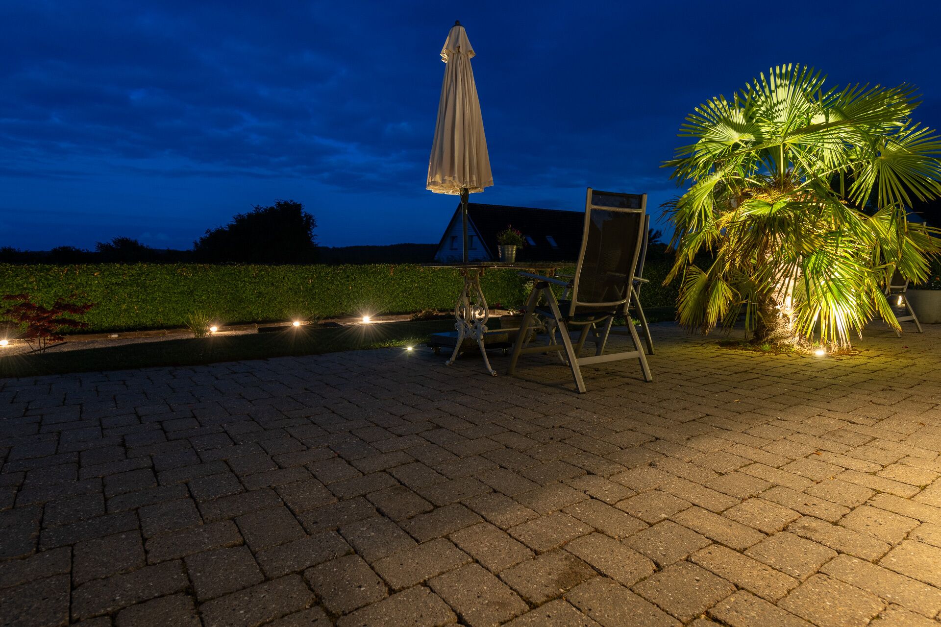 Een buitenterras met een tafel, stoelen, een hangende parasol en een palmboom.