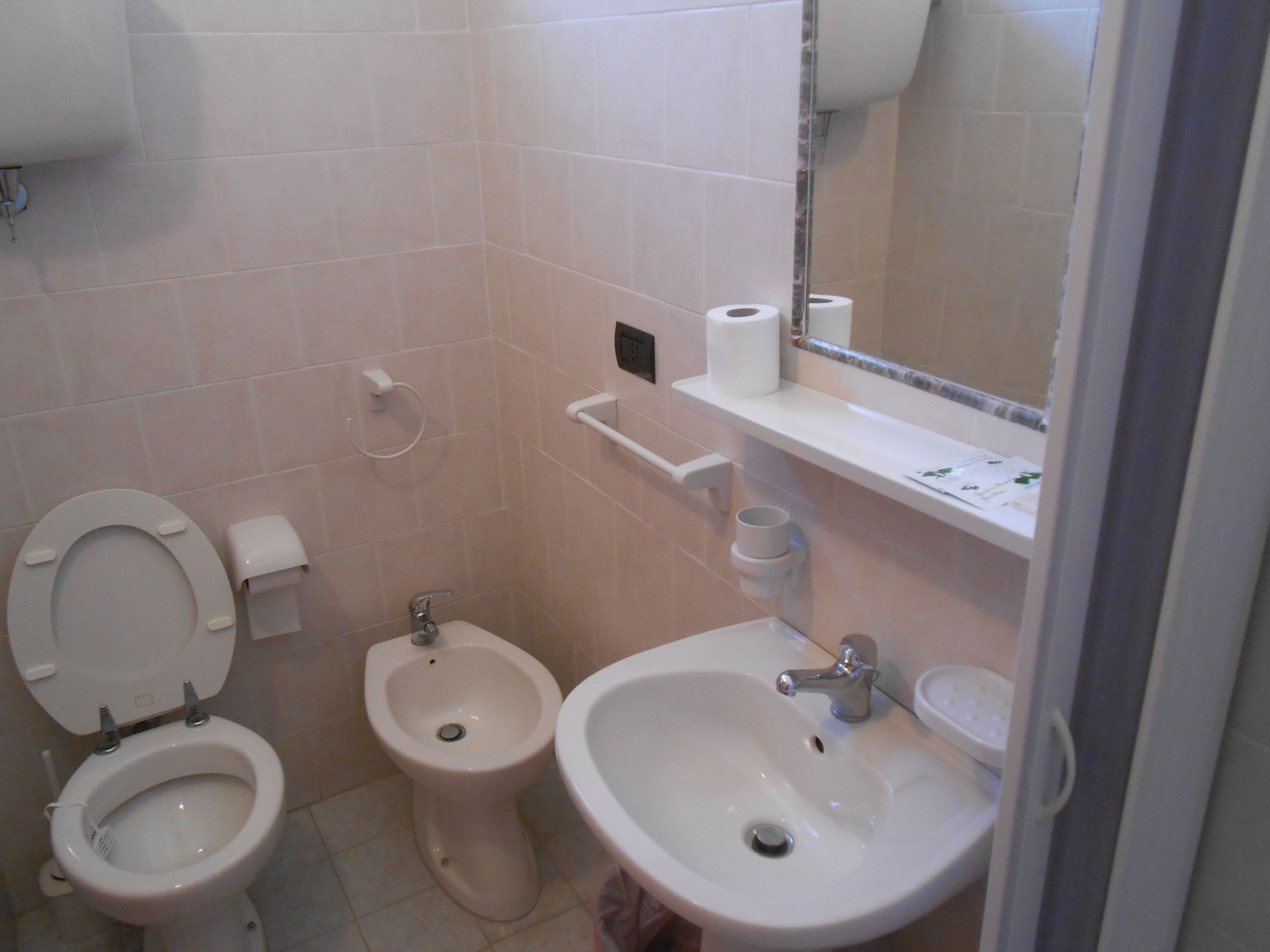A bathroom with a toilet, bidet, and sink.
