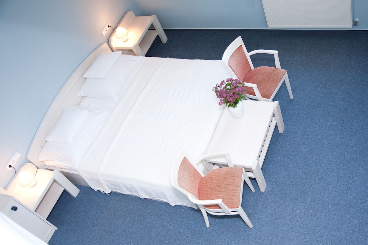 A neatly arranged hotel room with a large bed, two chairs, a small table with a vase of flowers, and bedside lamps.