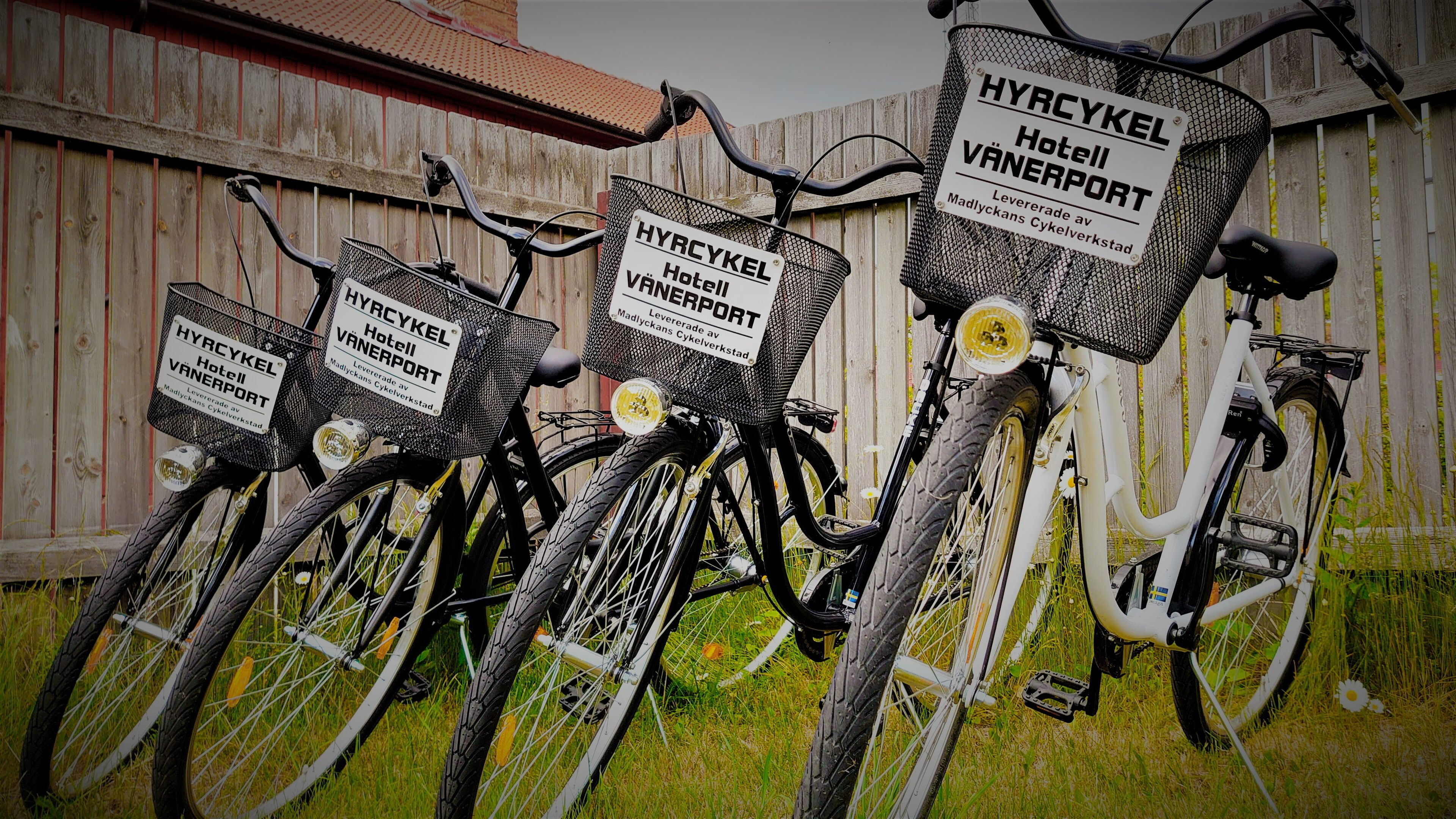 Three bicycles parked in a row, each with a sign indicating 'HYRACYKEL Hotel VÄNERPORT'.