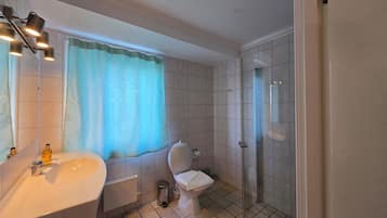 A bathroom with a sink, toilet, and shower.