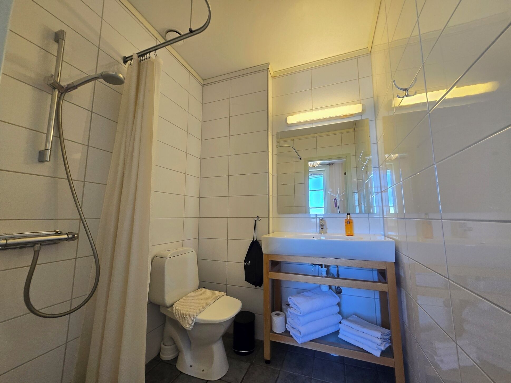 A bathroom with a shower, toilet, and a vanity with a mirror.