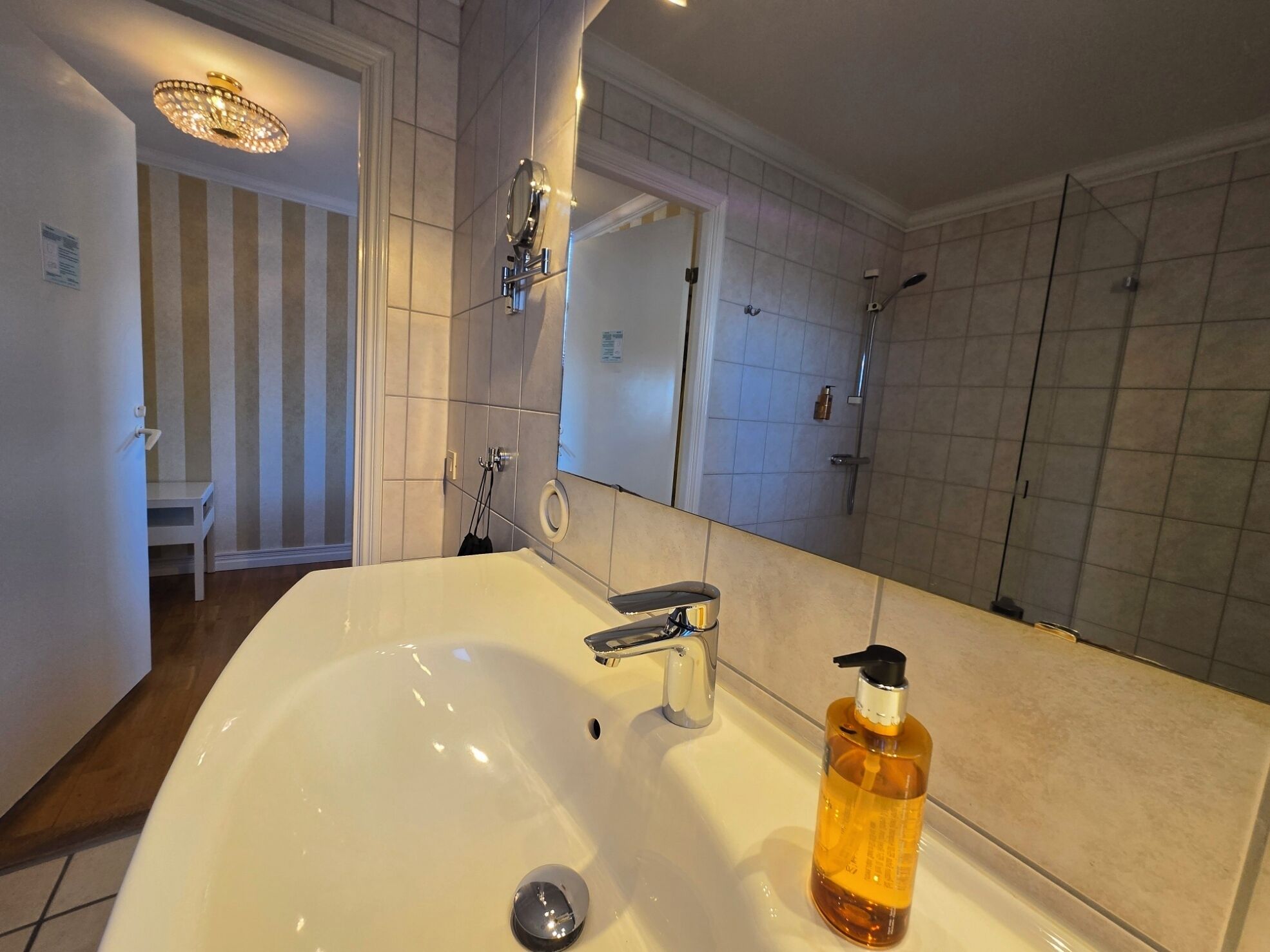 A bathroom with a white sink, a handheld showerhead, and a mirror above the sink.