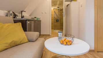 Family Apartment, 1 Bedroom | Private kitchen | Fridge, stovetop, coffee/tea maker, electric kettle