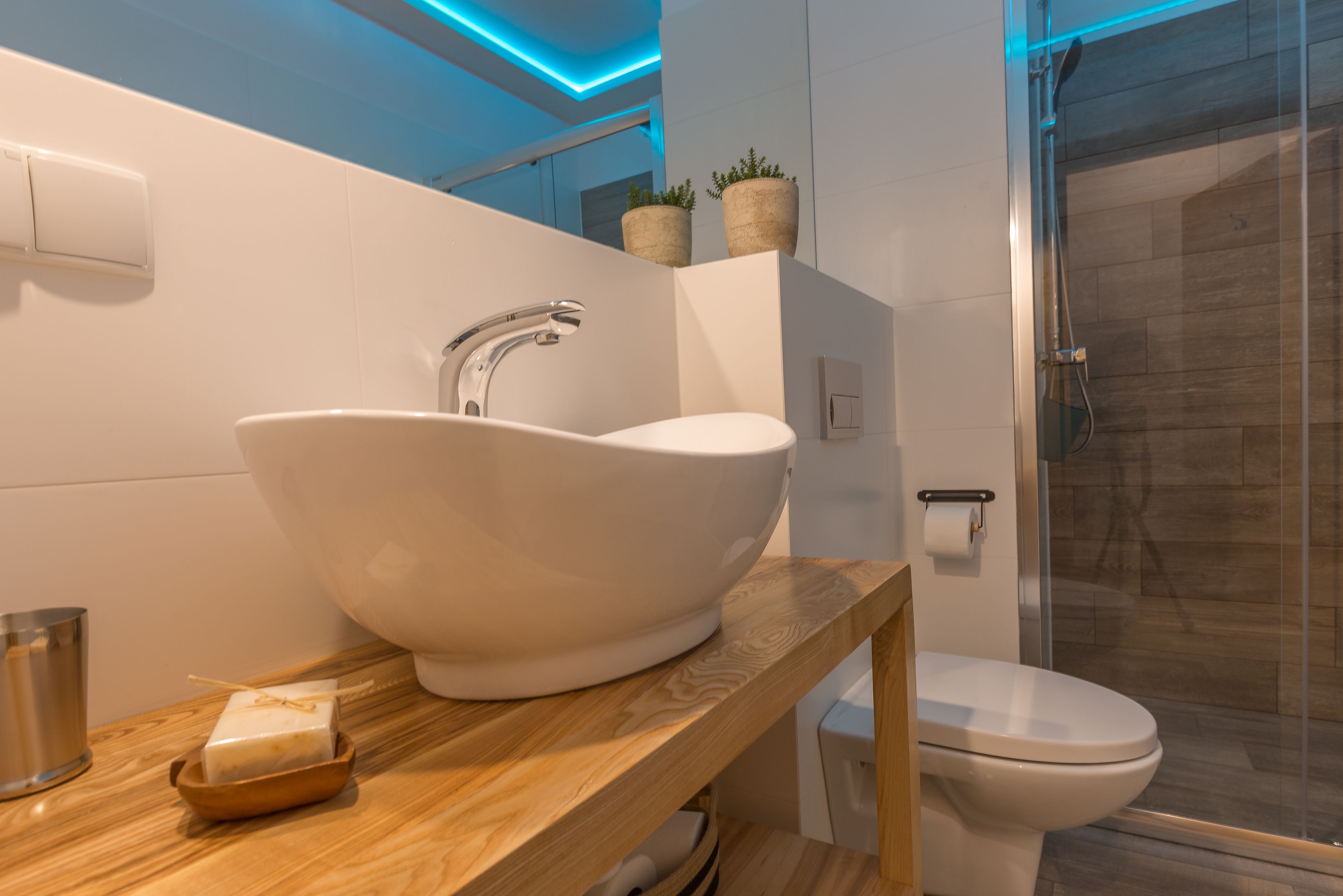 A modern bathroom with a freestanding sink, a toilet, and a shower.