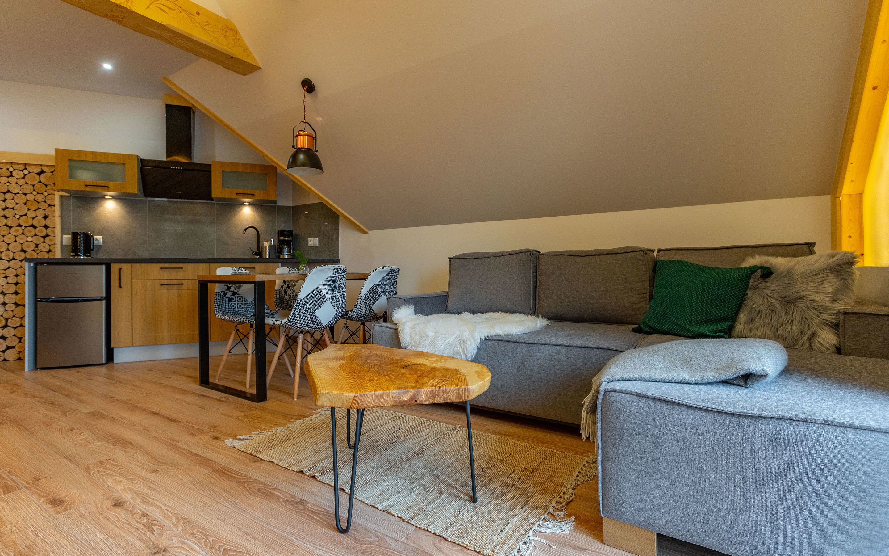 A compact living space with a kitchenette, a grey sofa, a wooden dining table with chairs, and a small rug.