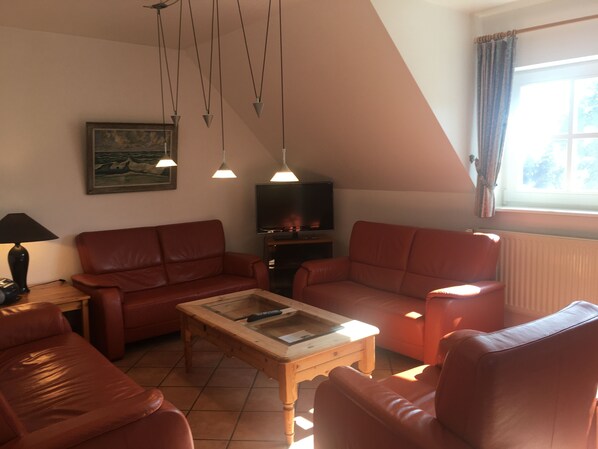 A living room with two leather sofas, a wooden coffee table, a TV, and pendant lights.