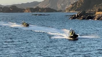 Two speedboats on a calm body of water with mountains in the background.