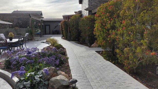 A paved pathway leading to a building with a stone facade, surrounded by landscaped gardens with purple flowers and red foliage. - Casa Emiliana (Valle de Guadalupe)