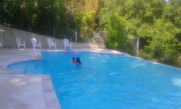 Relax by the pool surrounded by lush greenery and a stone wall.