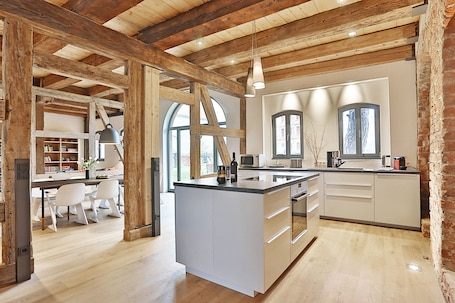 Deluxe Apartment (Sternwitten) | Private kitchen | Full-size fridge, microwave, oven, stovetop