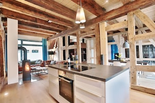 Deluxe Apartment (Sternwitten) | Private kitchen | Full-size fridge, microwave, oven, stovetop