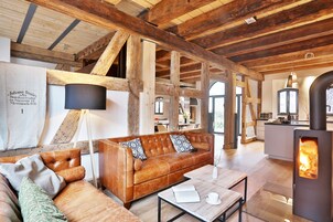 Deluxe Apartment (Sternwitten) | Living area | Flat-screen TV, fireplace, DVD player, offices