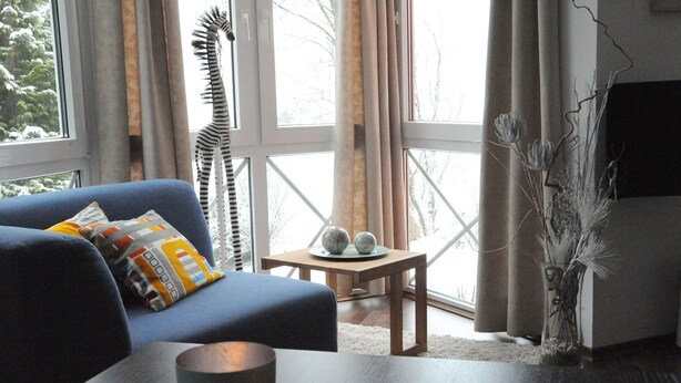 Een woonkamer met een blauwe bank, een klein houten tafeltje met decoratieve voorwerpen, een hoge plant en uitzicht op bomen door grote ramen.