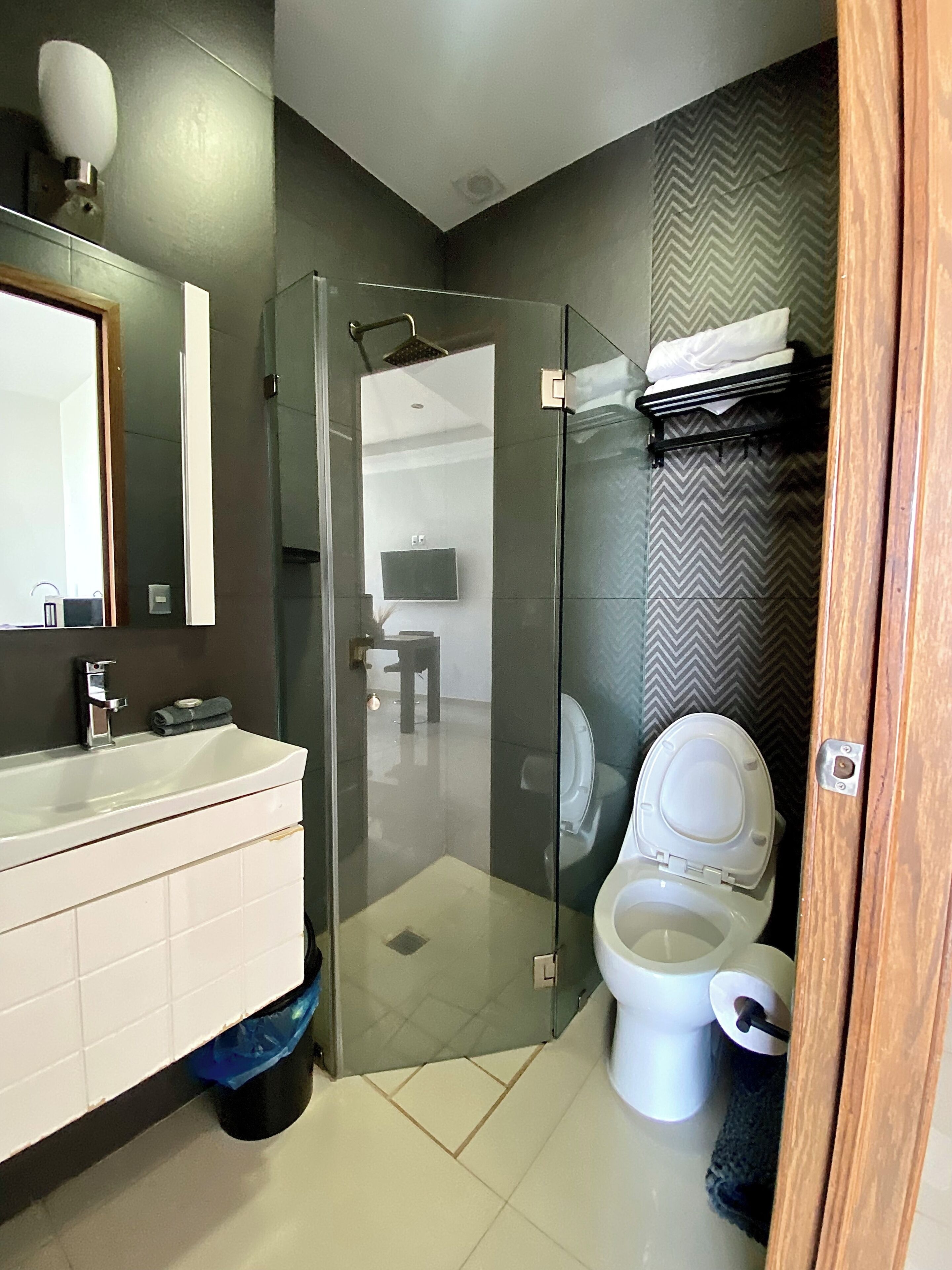 A modern bathroom with a glass-enclosed shower, a white sink, and a toilet.