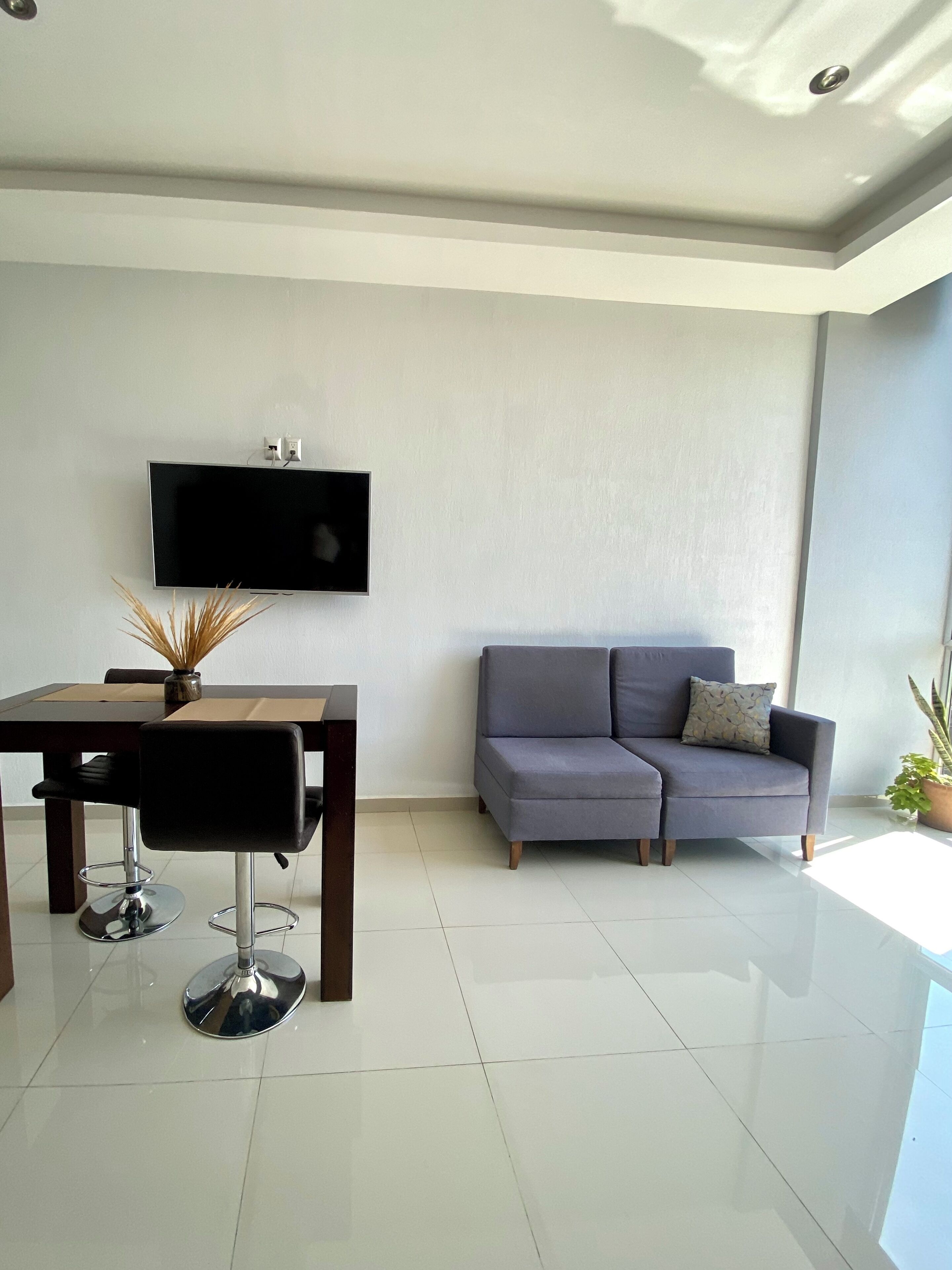 Una sala de estar moderna con un televisor de pantalla plana montado en la pared, un sofá gris, una mesa de comedor con una silla y una planta en maceta.