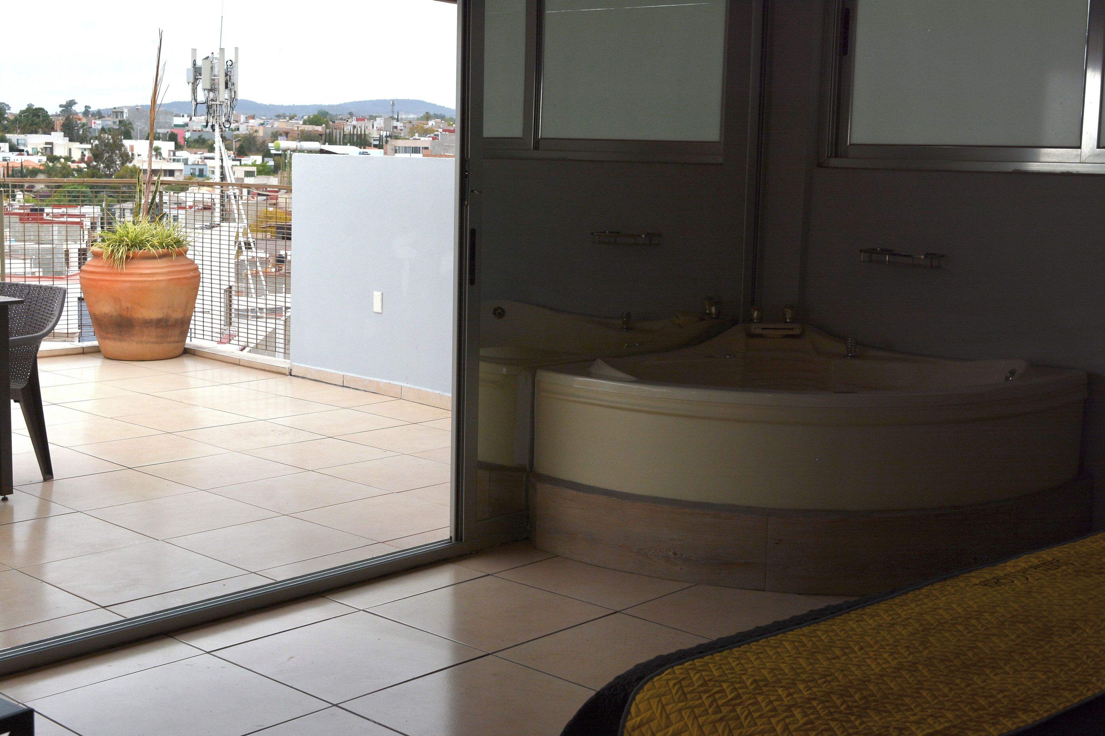 A room with a large window, a bathtub, and a potted plant on a balcony.