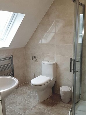 A bathroom with a skylight, a toilet, a sink, and a shower. - Lake View Villa - Rosecraddoc Manor (Liskeard)